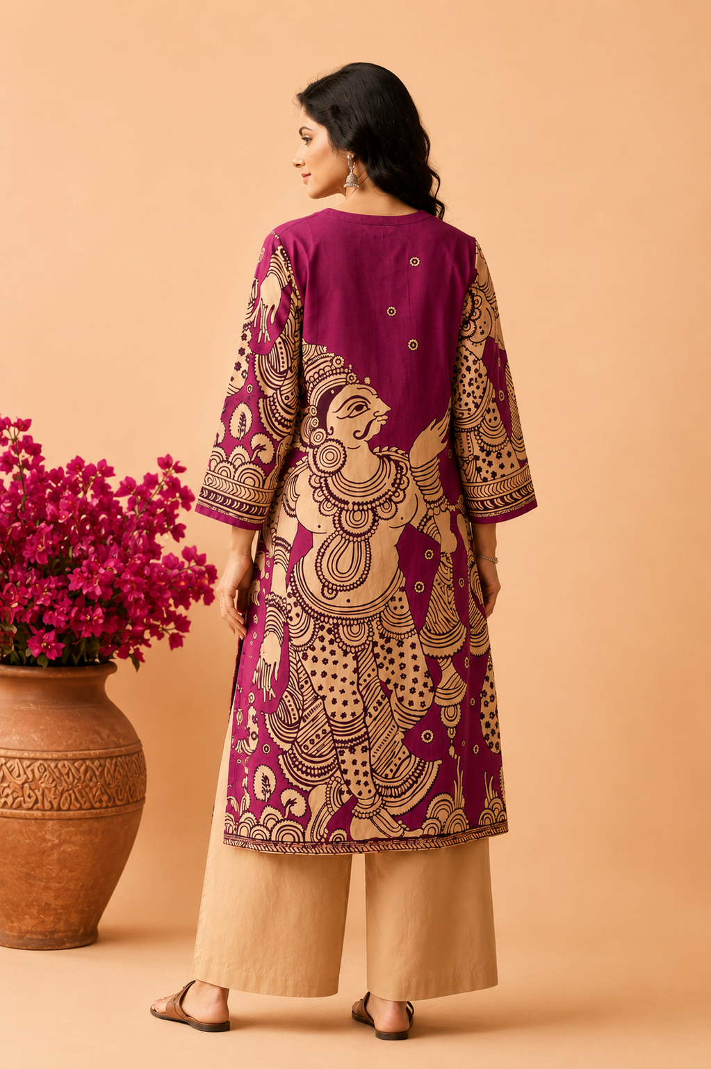 Purple Traditional Mural Print Cotton Kurti Set