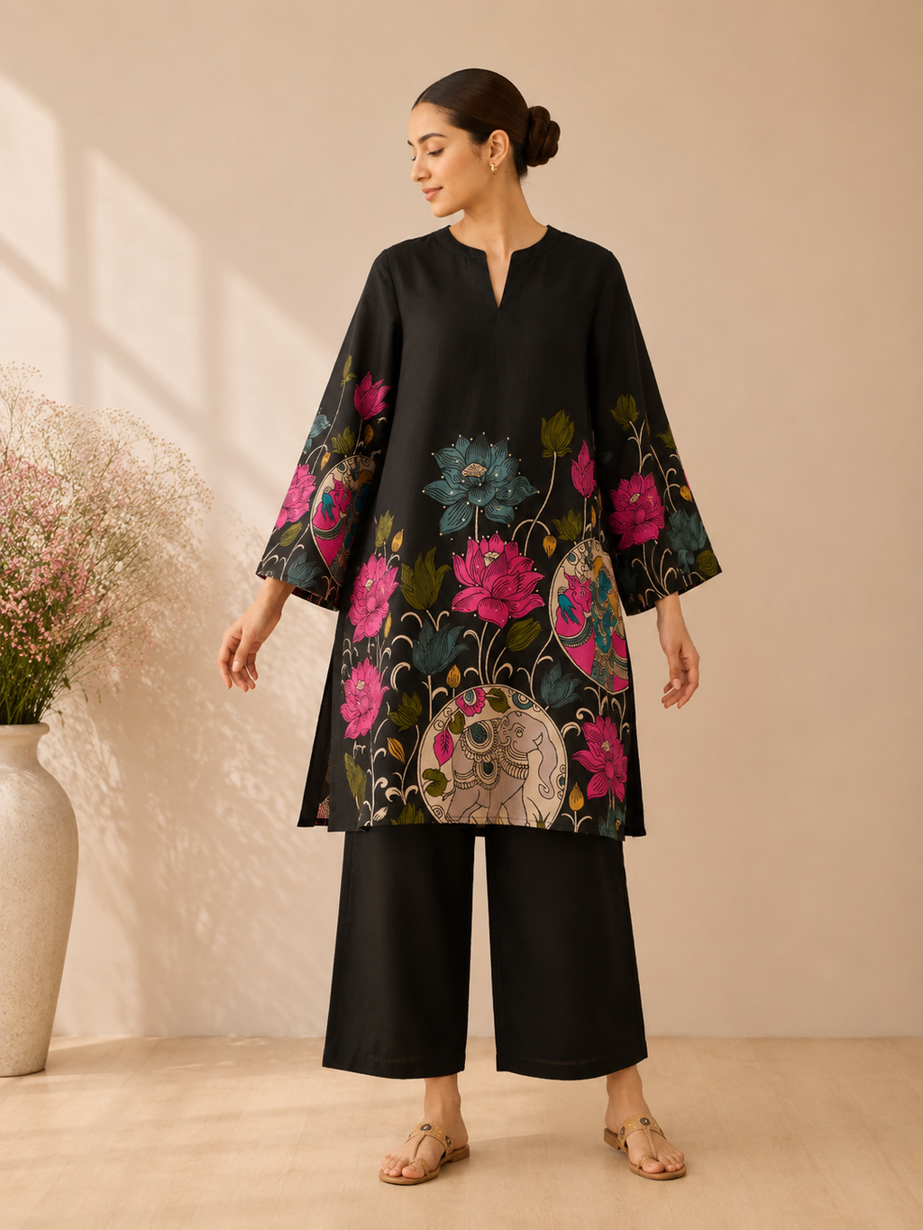 Black Lotus & Elephant Print Cotton Kurti Set