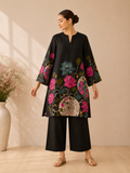 Black Lotus & Elephant Print Cotton Kurti Set