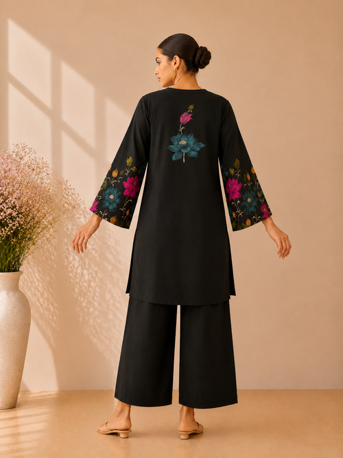Black Lotus & Elephant Print Cotton Kurti Set