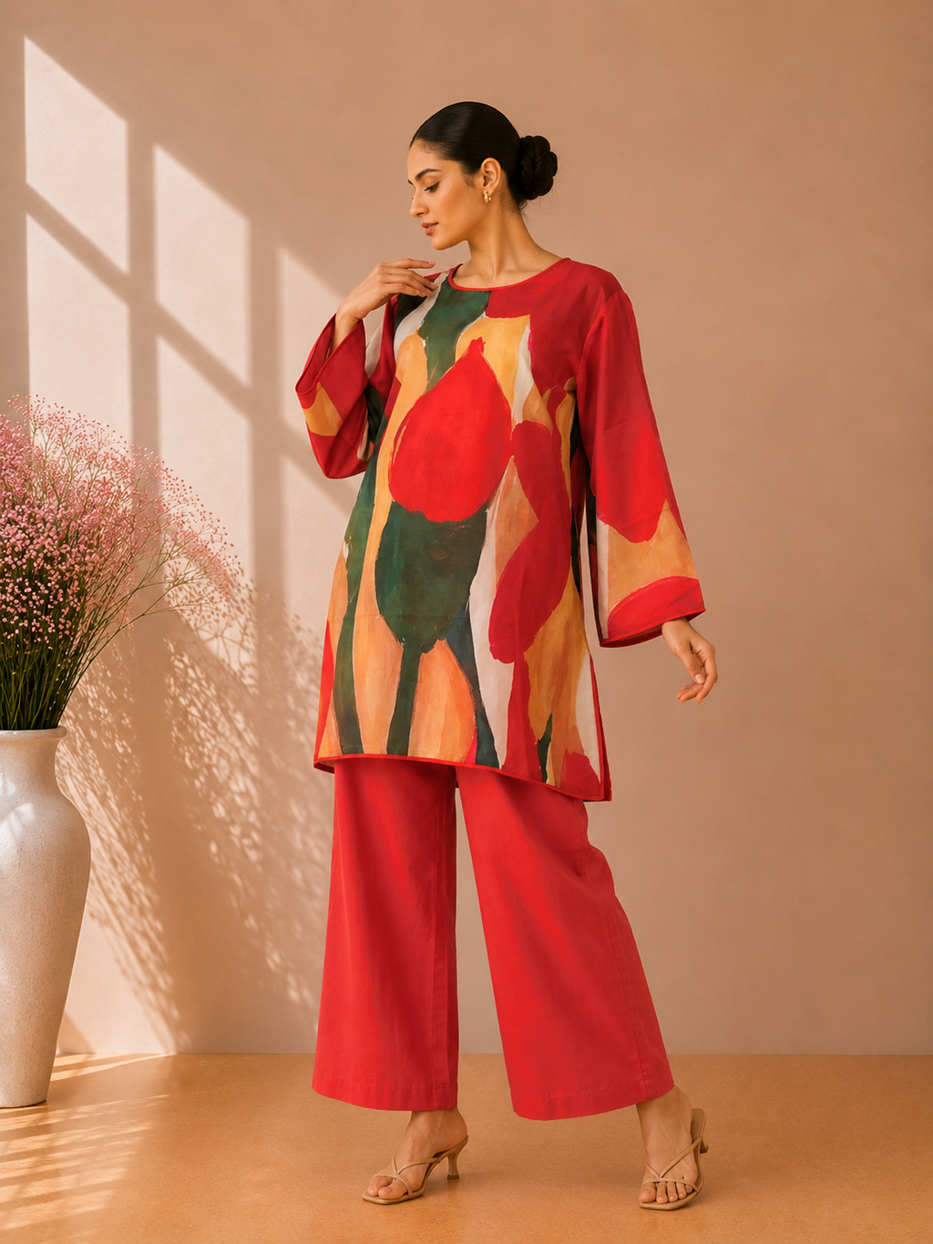 Red Abstract Tulip Print Short Kurti Set