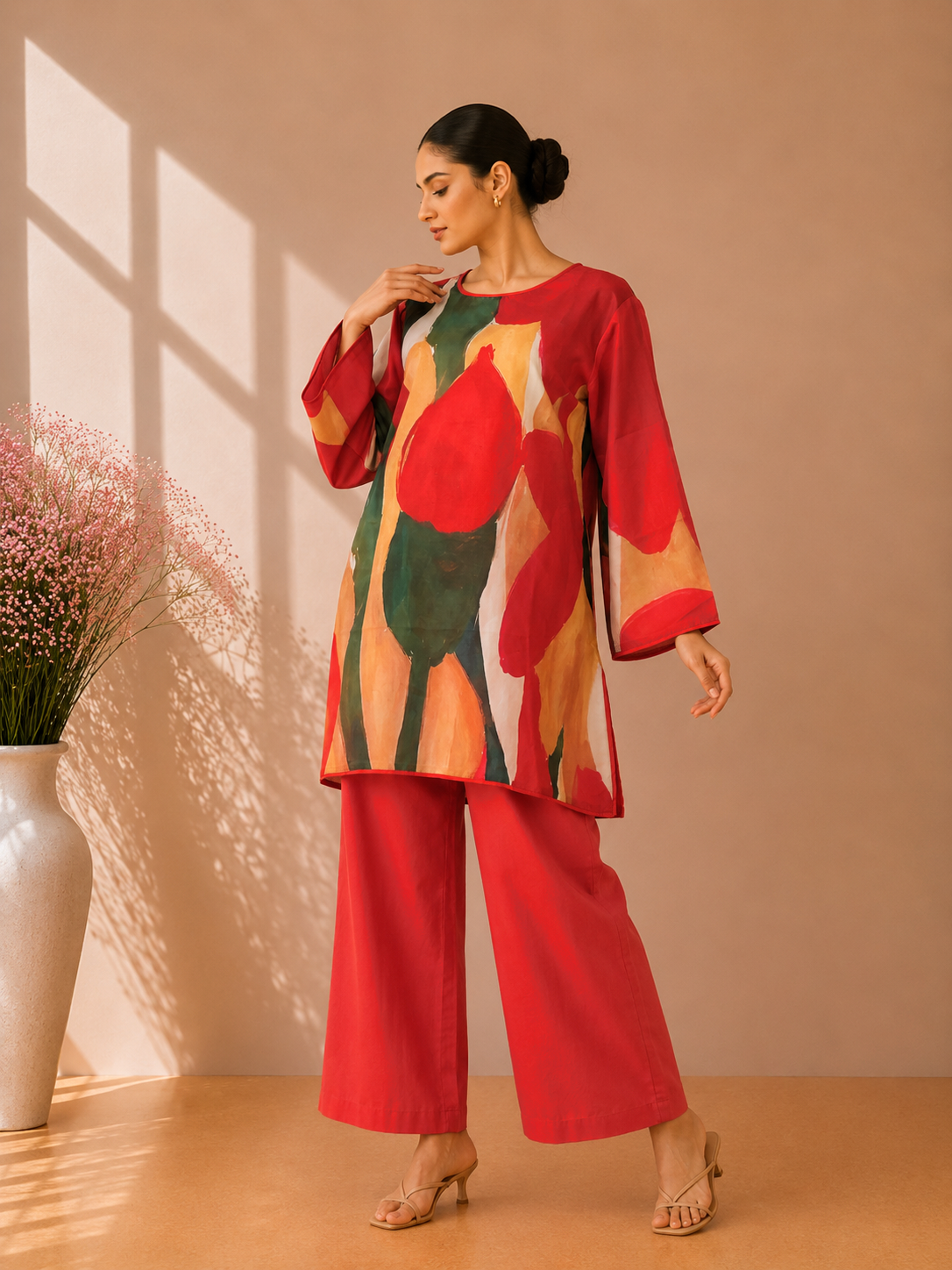 Red Abstract Tulip Print Short Kurti Set
