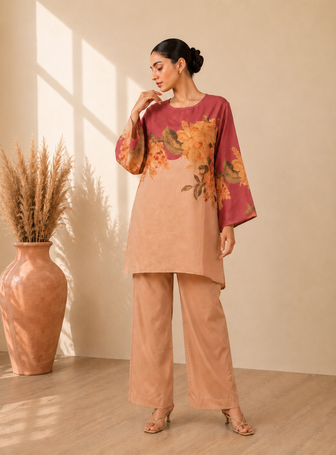 Peach and Maroon Floral Print Short Kurti Set