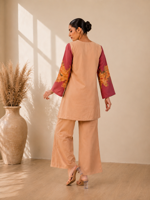Peach and Maroon Floral Print Short Kurti Set