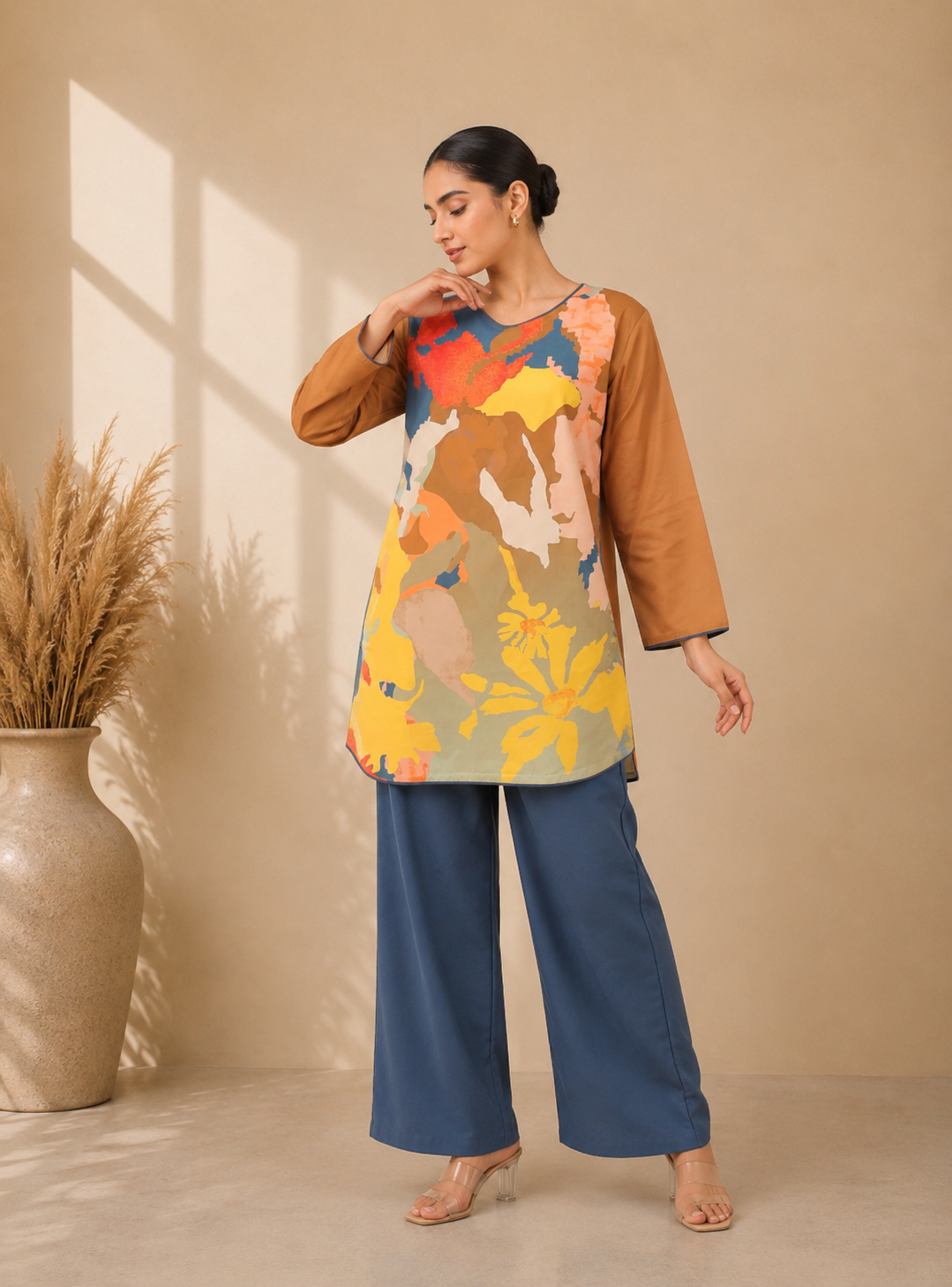 Multicolor Abstract Floral Print Short Kurti Set