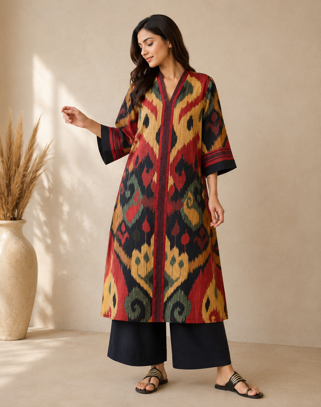 Multicolor Ikat-Inspired Printed Kurti Set by Kalankari