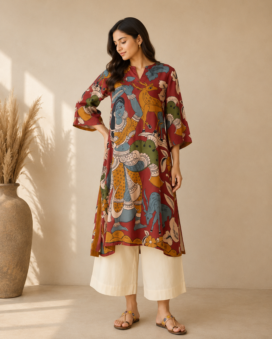 Rust Red Mythological Digital Print Cotton Kurti Set