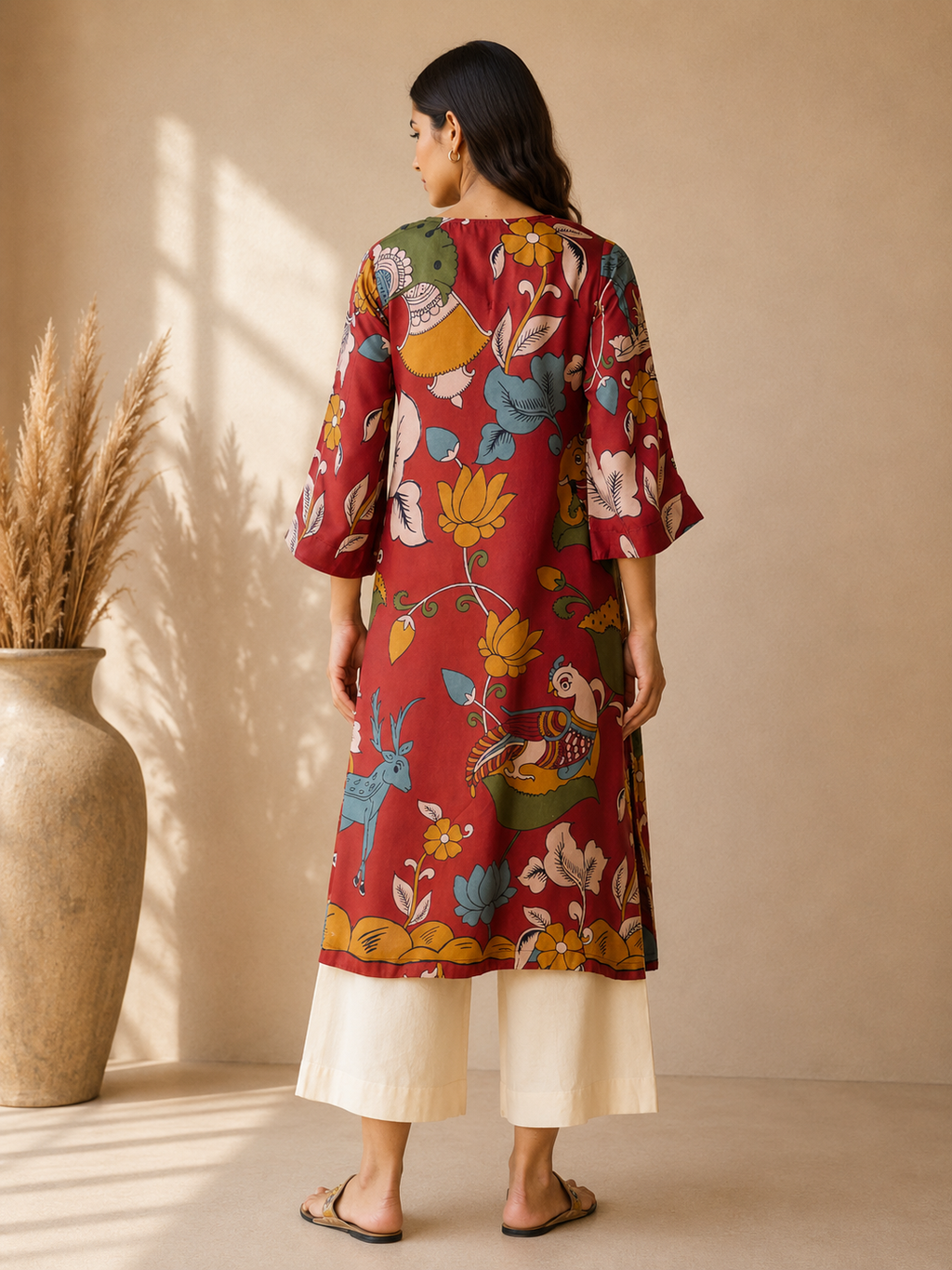 Rust Red Mythological Digital Print Cotton Kurti Set