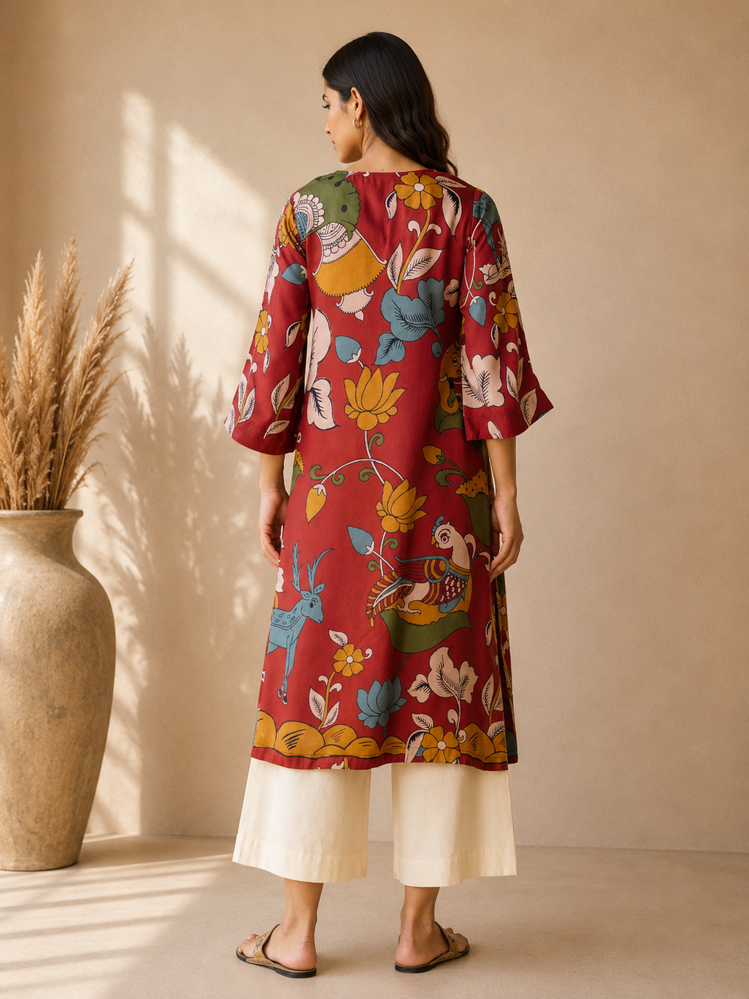 Rust Red Mythological Digital Print Cotton Kurti Set