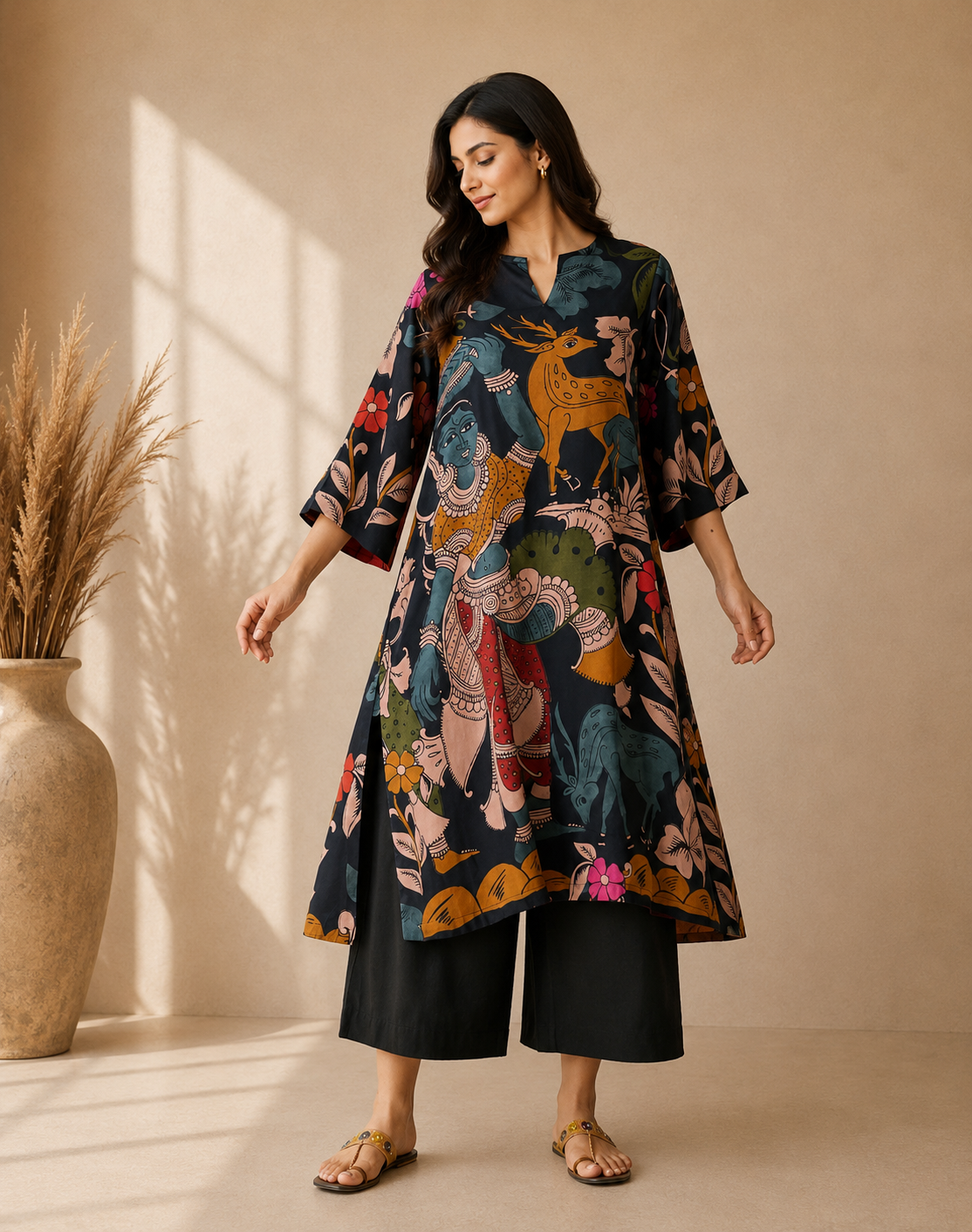Midnight Blue Mythological Digital Print Cotton Kurti Set