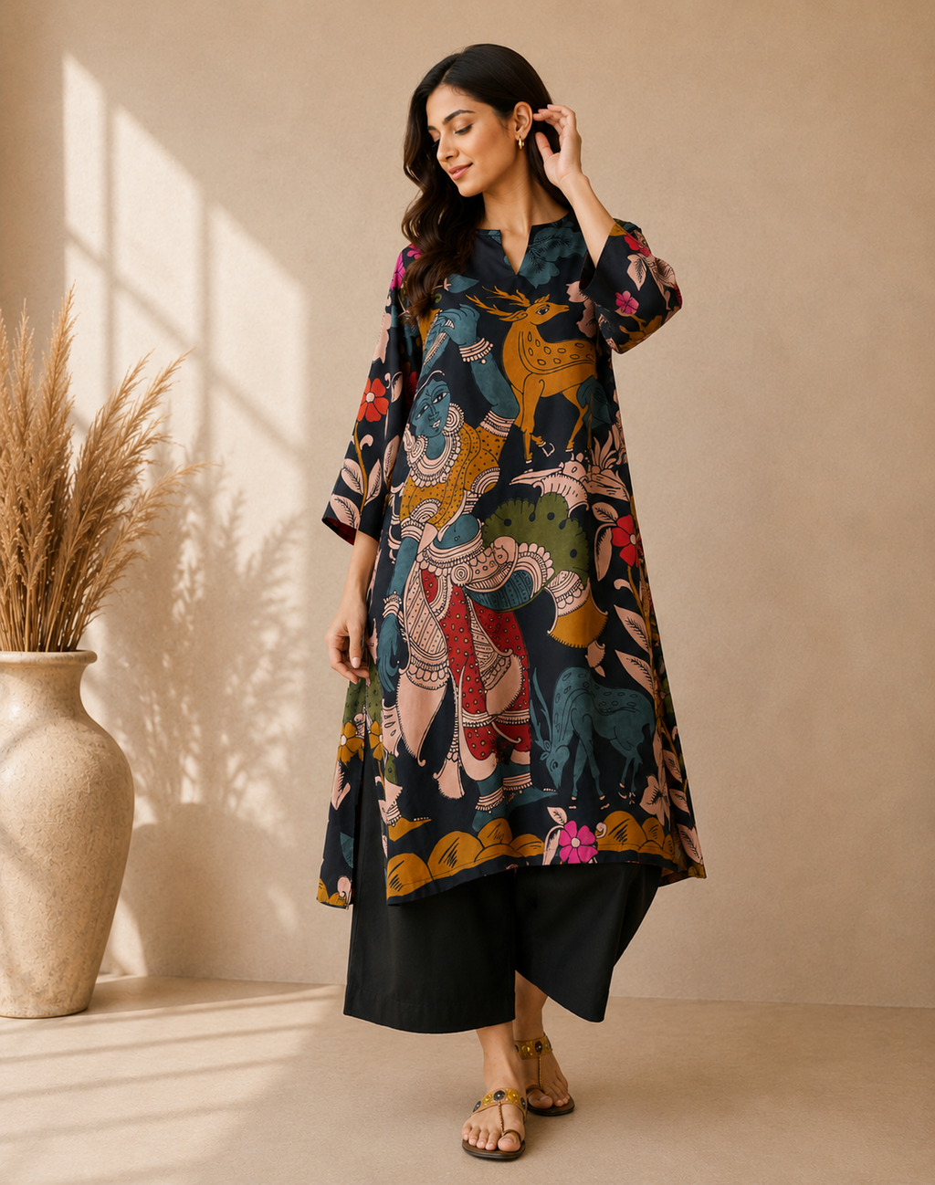Midnight Blue Mythological Digital Print Cotton Kurti Set