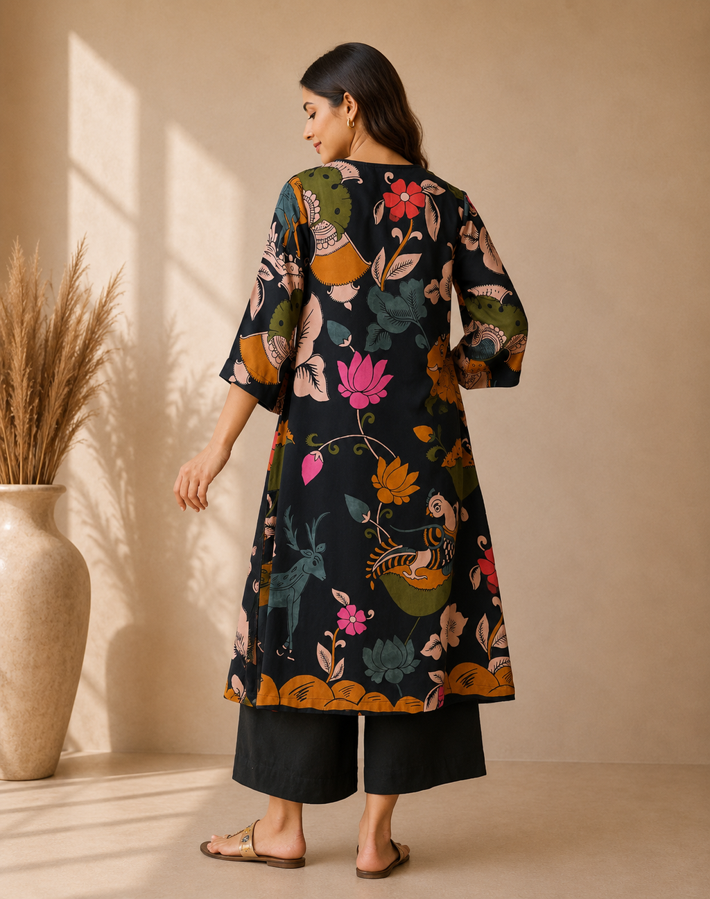 Midnight Blue Mythological Digital Print Cotton Kurti Set