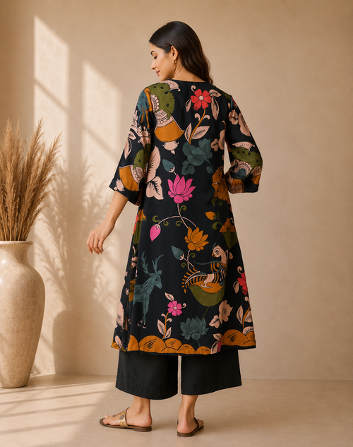Midnight Blue Mythological Digital Print Cotton Kurti Set