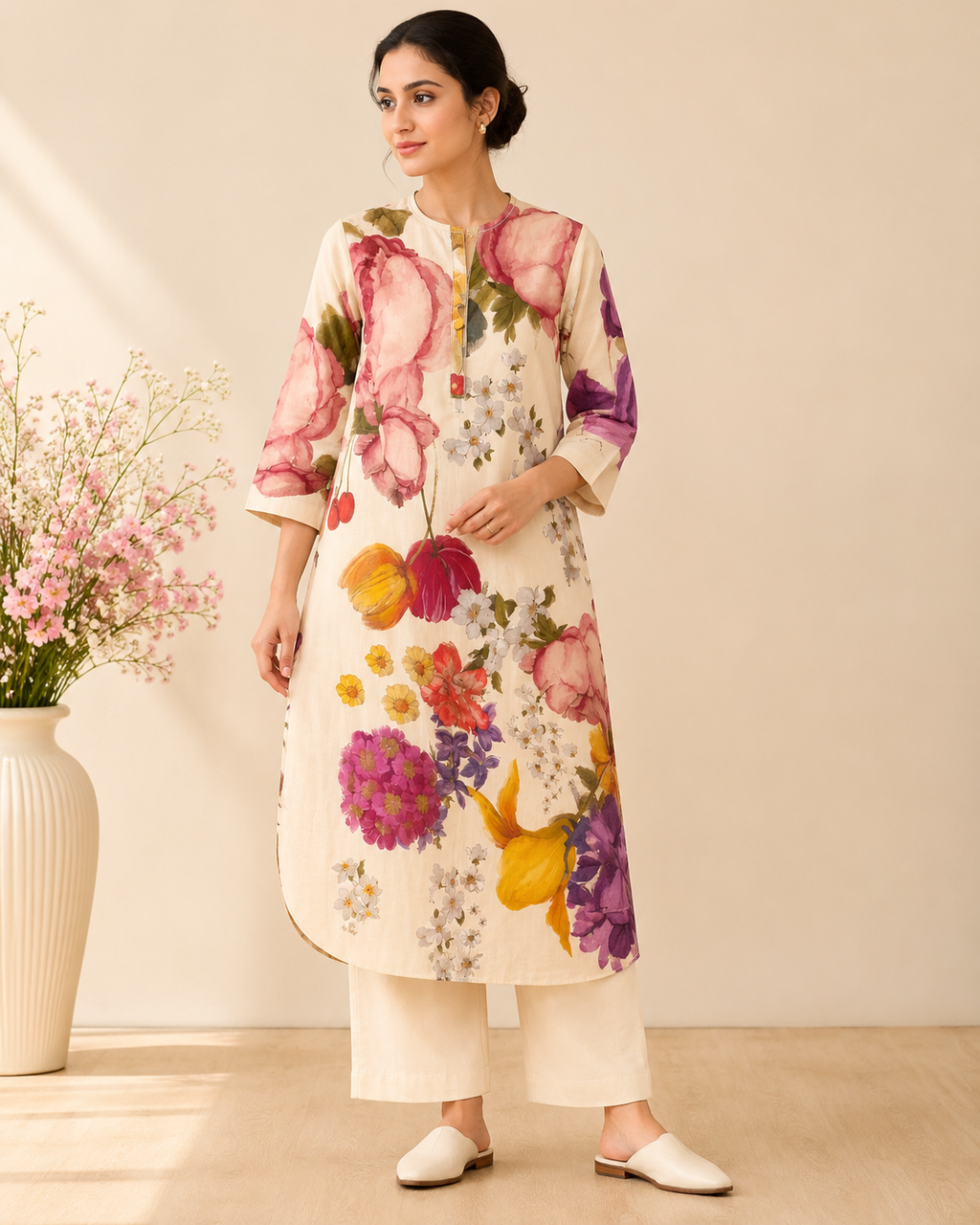 Off White Floral Digital Printed Kurti Set