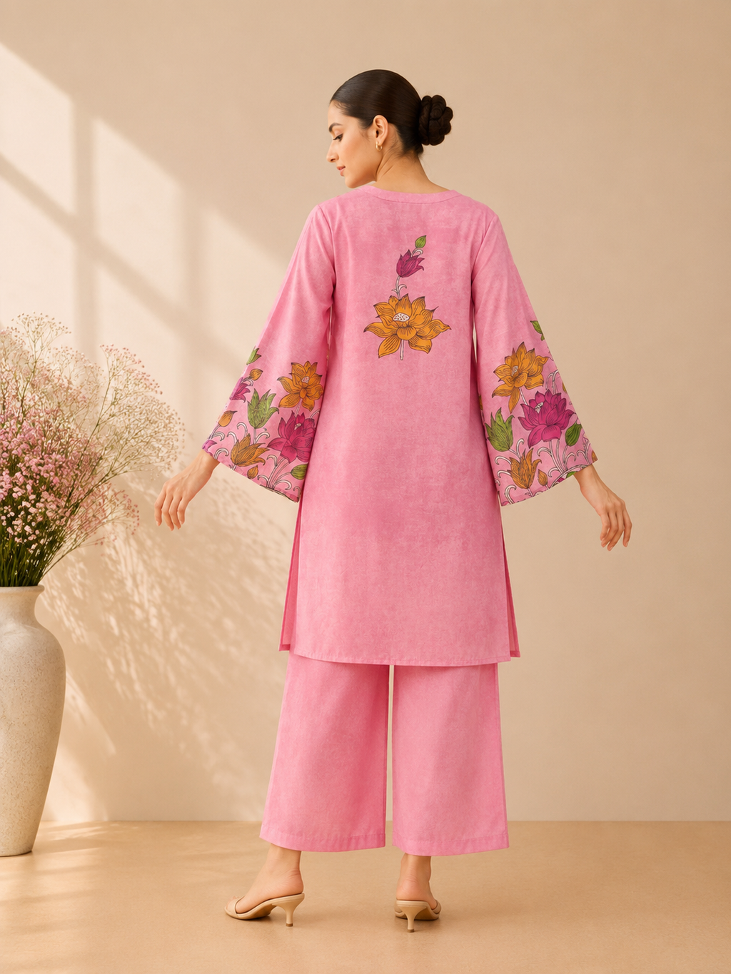 Women Pink Lotus Digital Printed Straight Kurti Set