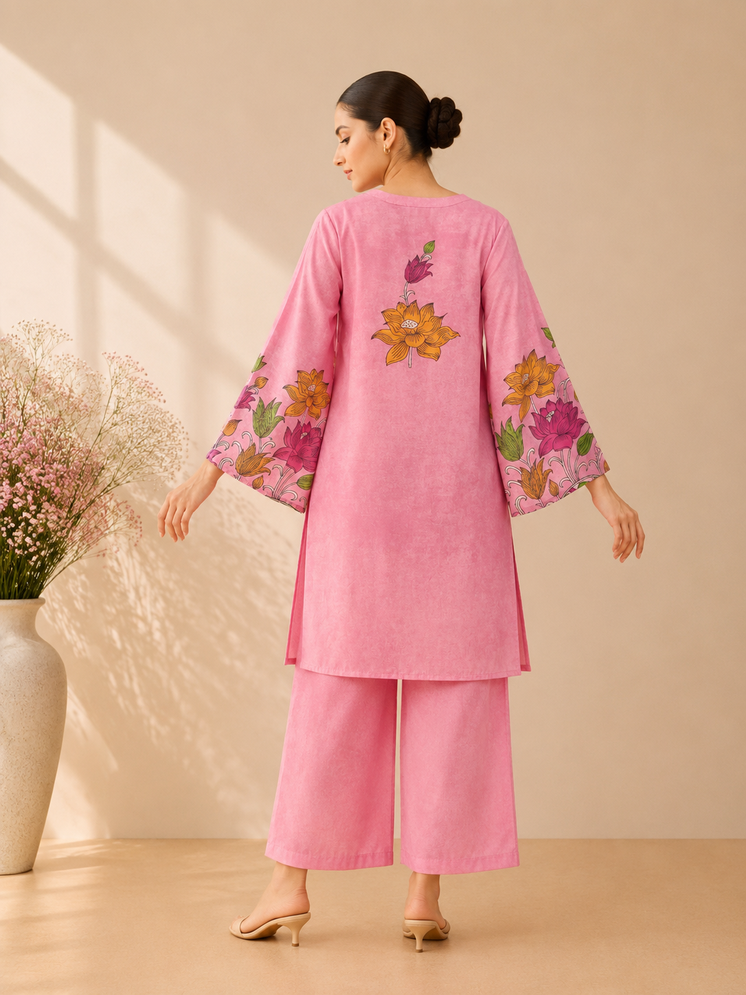 Women Pink Lotus Digital Printed Straight Kurti Set