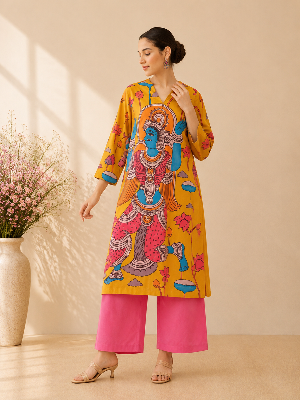 Mustard Krishna Digital Print Cotton Kurti Set
