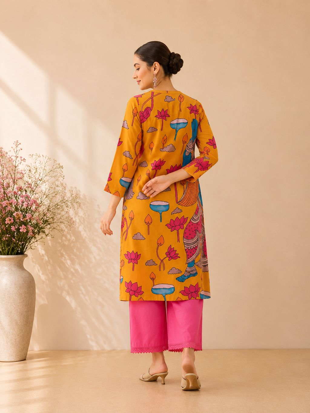 Mustard Krishna Digital Print Cotton Kurti Set