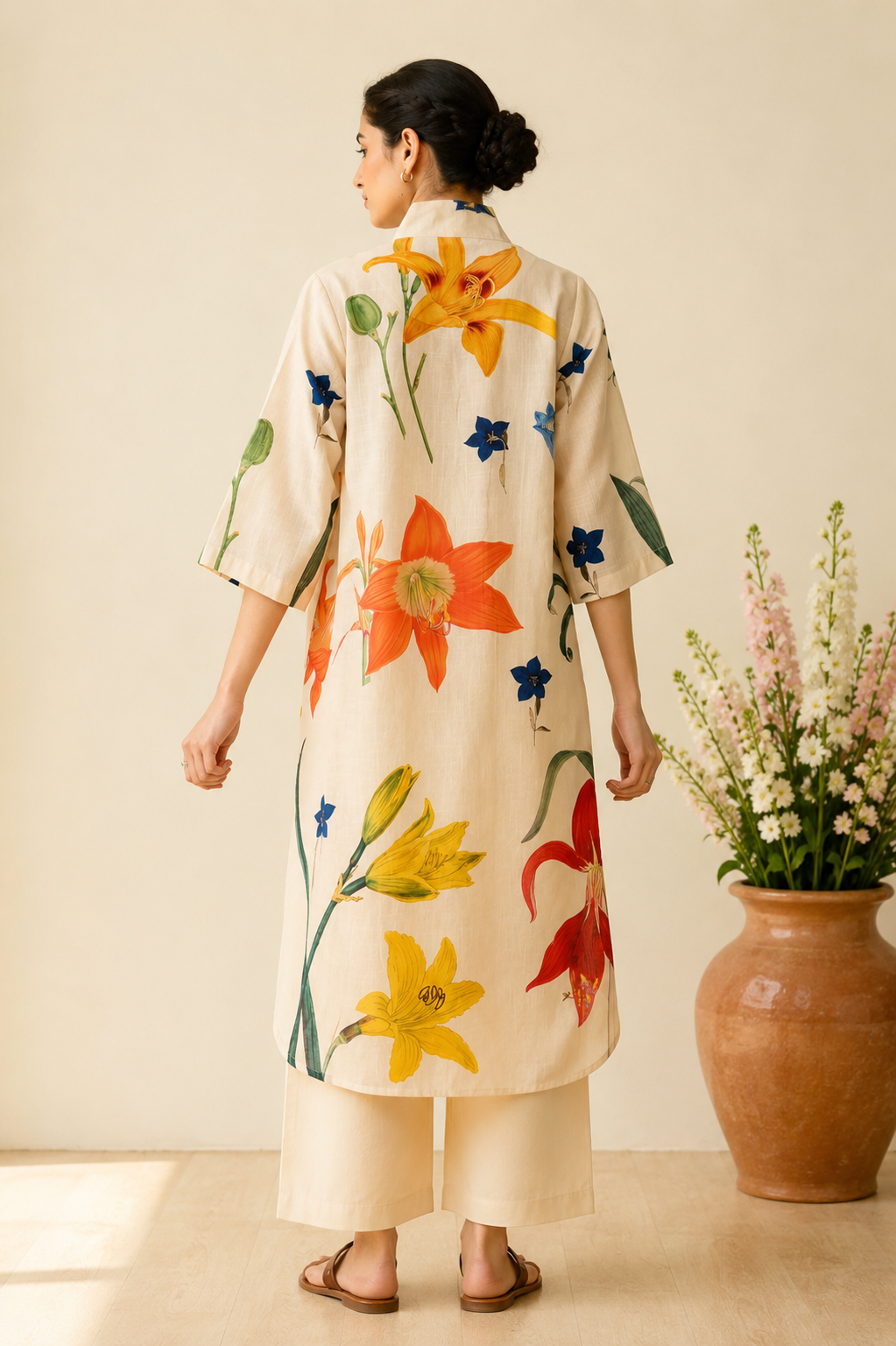 Off White Botanical Floral Digital Printed Straight Kurti Set