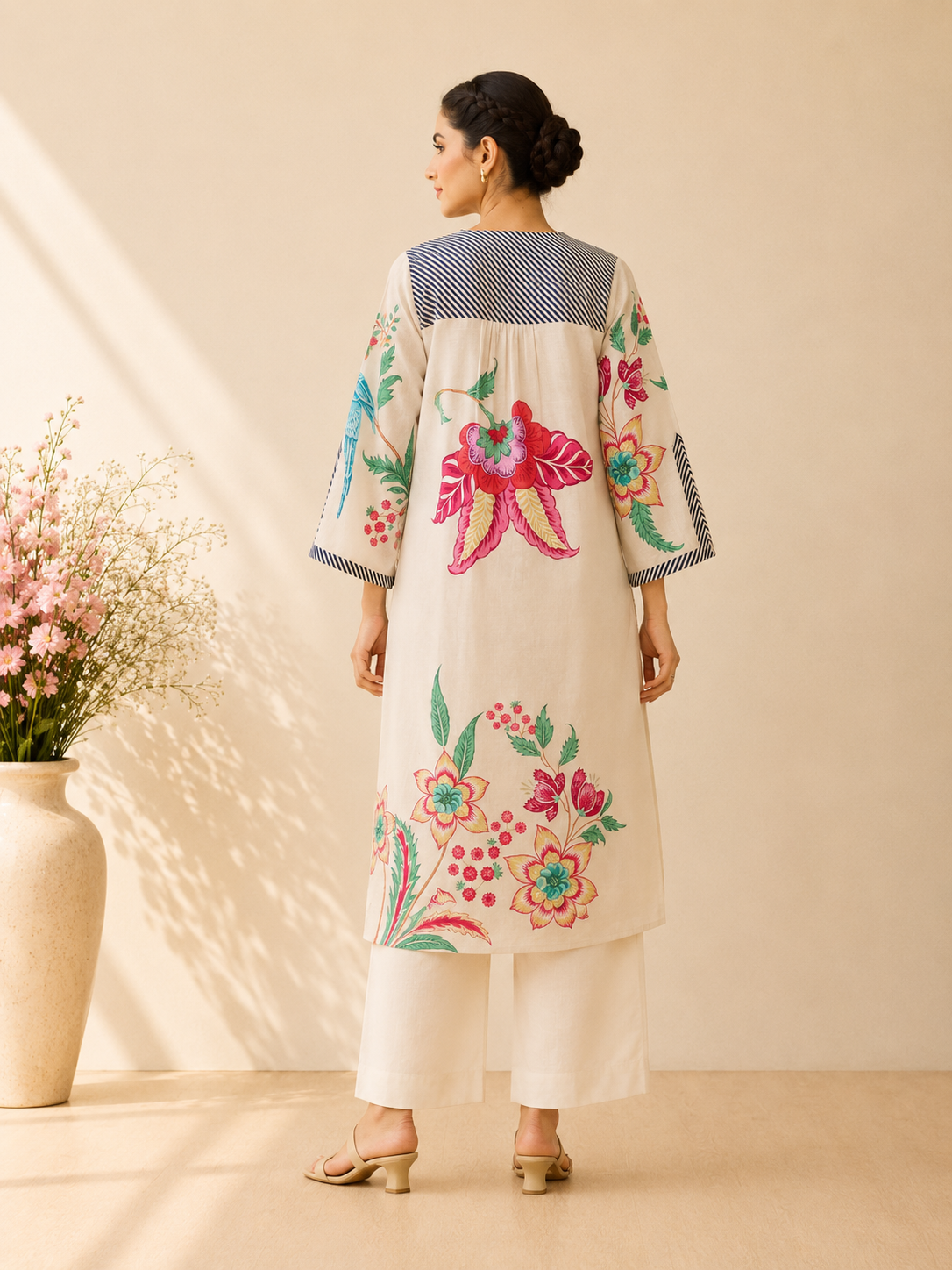 Ivory Bloom Garden Digital Print Cotton Kurti Set
