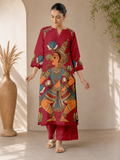 Deep Red Traditional Goddess Printed Kurti Set