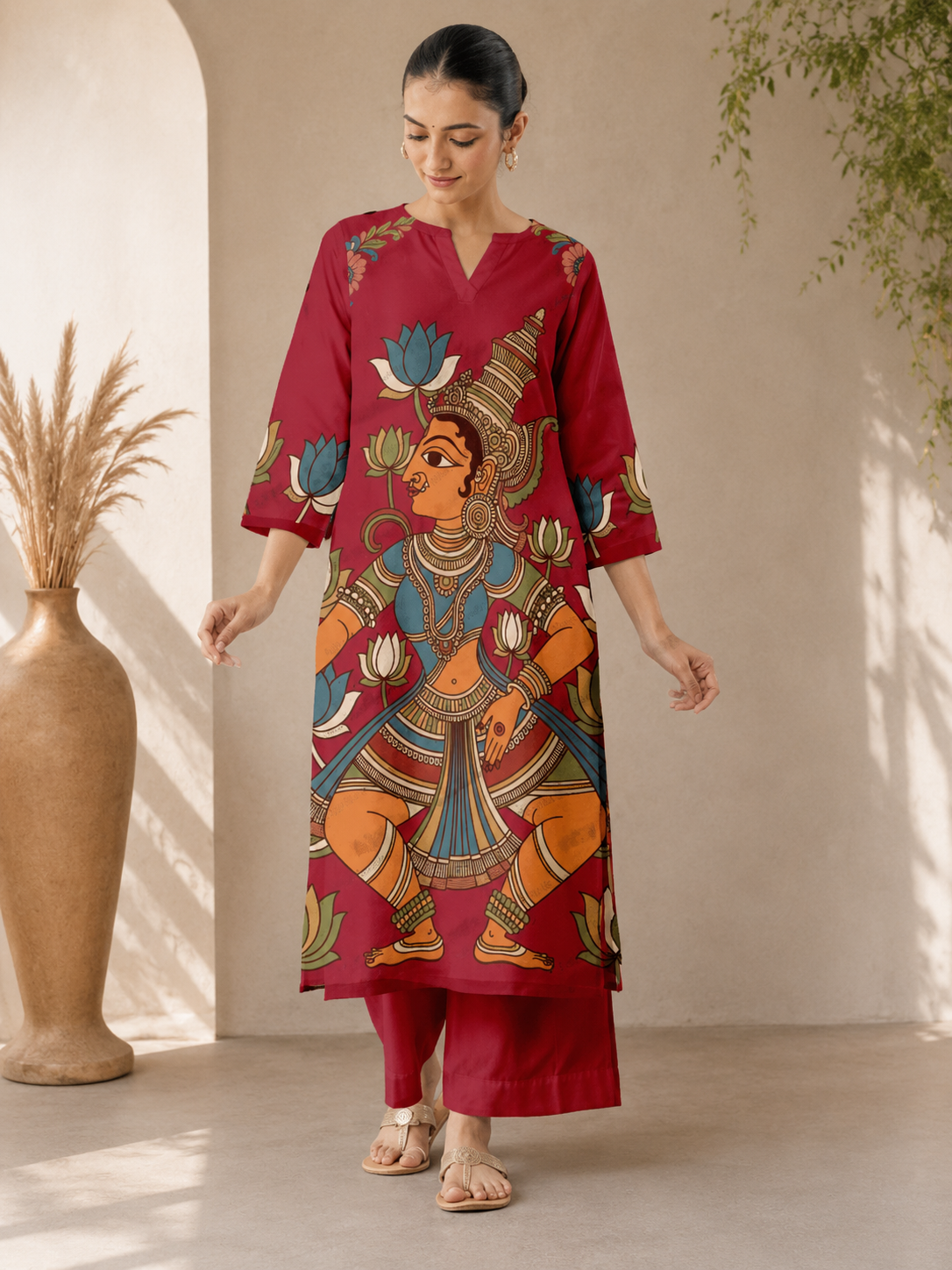 Deep Red Traditional Goddess Printed Kurti Set