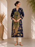 Navy Blue Traditional Lotus Printed Kurti Set