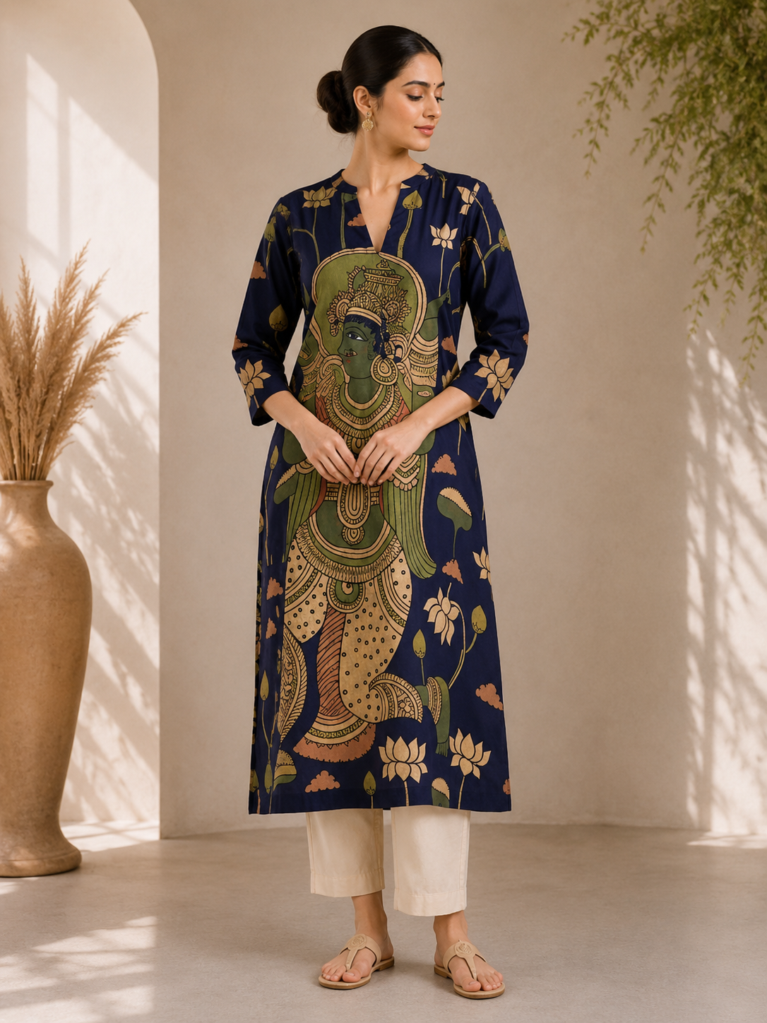 Navy Blue Traditional Lotus Printed Kurti Set