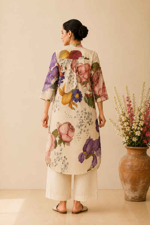 Off White Floral Digital Printed Kurti Set