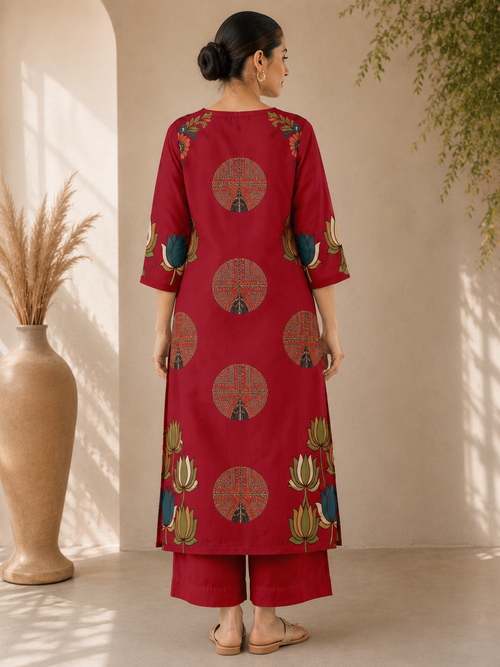Deep Red Traditional Goddess Printed Kurti Set