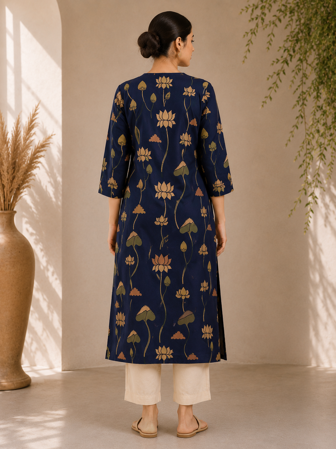 Navy Blue Traditional Lotus Printed Kurti Set